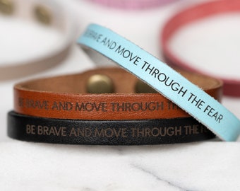 Inspirational Leather Message Bracelet | "Be Brave", Skinny Stacking Cuff