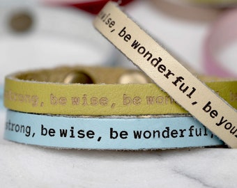 Engraved Leather Message Bracelet, Inspirational Quote, Skinny Stacking Cuff