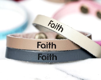 Women's Leather Message Bracelet | Faith, Skinny Stacking Bangle