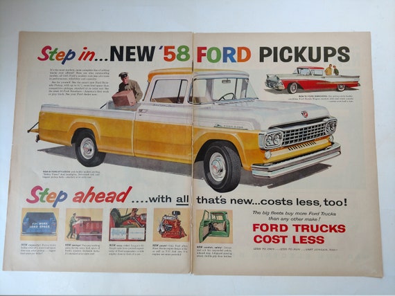Vintage 1958 Ford Pickup Trucks 2 Page Automobile Transportation Car Print Ad 2341