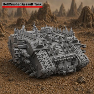 May include: A gray HellCrusher Assault Tank model with spiked armor and multiple gun turrets. The tank is set against a desert landscape with rocky formations in the background. The text "HellCrusher Assault Tank" is displayed above the tank.