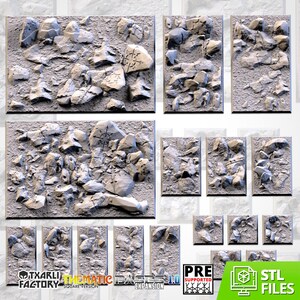 May include: A set of 15 3D printed square bases for tabletop games, featuring a rocky, broken terrain design. The bases are pre-supported and come in STL file format.  The bases are labeled "T'xarli Factory Thematic Bases 1.0 Expansion".