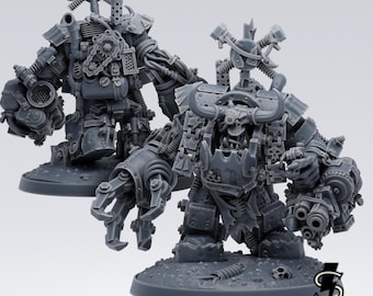 GutKrusha, Ork Heavy Armor Warboss - Ork Warboss Miniature + Custom 50mm Base. High Quality Space Ork Miniature Kit for Sci-fi Wargames.
