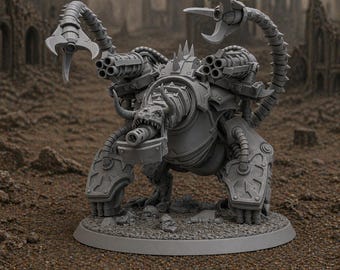 May include: A gray, detailed model of a demon machine, featuring multiple cannons, articulated arms with claw-like attachments, and a menacing, horned head. The base measures 120x92mm. The text "Scavendrix, Demon Machine" is visible.