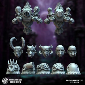 Peut inclure: Un ensemble de figurines imprimées en 3D pour jeux de table. L'ensemble comprend deux grandes structures détaillées, six têtes différentes et six épaulettes. Les figurines sont imprimées en plastique gris clair.