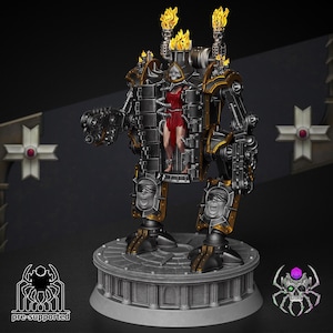 May include: A detailed miniature of a mechanical walker with a human figure trapped inside. The walker is made of metal and has a dark grey and gold colour scheme. The figure is wearing a red dress and is surrounded by metal bars. The walker has a base with a circular platform and three legs.