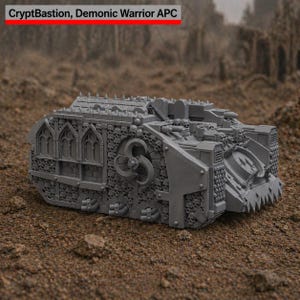 May include: A gray, detailed model of a Demonic Warrior APC, with the text "CryptBastion, Demonic Warrior APC" at the top. The model features intricate designs, including skulls, gothic arches, and a spiked roof. The APC is designed to look like a tank.
