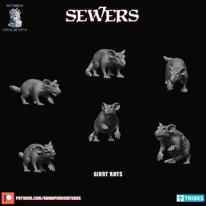 May include: Six gray plastic miniature giant rats in various poses. The miniatures are for tabletop role-playing games. The image is titled "Sewers" and "Giant Rats".