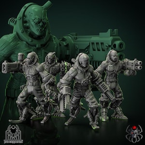 May include: Four grey, detailed, sci-fi action figures with guns and mechanical legs. The figures are standing on a green background.