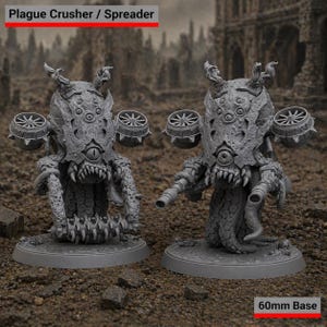 May include: Two gray Plague Crusher / Spreader miniatures with multiple eyes, horns, and mechanical details. Each figure has a 60mm base and is set against a blurred, desolate background. The text "Plague Crusher / Spreader" is at the top.