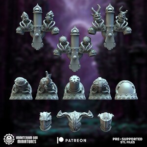 Puede incluir: Un conjunto de miniaturas de plástico impresas en 3D para juegos de mesa. Las miniaturas son grises y presentan una variedad de diseños bio-mecánicos grotescos. Las miniaturas están pre-soportadas y listas para ser impresas.