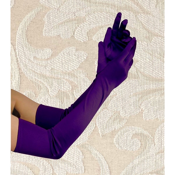 Extra Long Dark Purple 23-inch Top Quality Over The Elbow Stretch Satin Gloves Opera Length Bridal Wedding Halloween Costume
