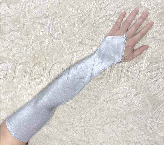 Silver Fingerless Premium Quality 23 inch Extra Long Over Elbow Stretch Satin Gloves Opera Length Bridal Wedding Halloween Costume