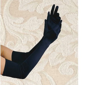 Dark Navy Blue Premium Quality 23-inch Extra Long Over Elbow Stretch Satin Gloves Opera Length Bridal Wedding Halloween Costume