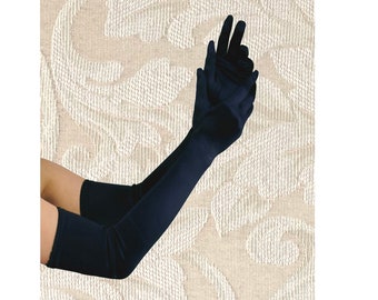 Extra Lange Dark Navy Blue 23-Zoll-Top-Qualität über den Ellenbogen Stretch Satin Handschuhe Opernlänge Braut Hochzeit Halloween-Kostüm