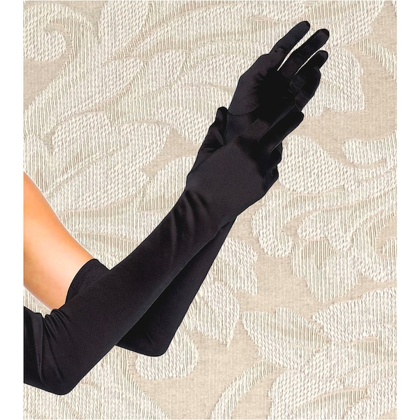 Extra lange Schwarz 23-Zoll-Top-Qualität über den Ellenbogen Stretch Satin Handschuhe Oper Länge Braut Hochzeit Halloween Kostüm Abschlussball Cosplay Party