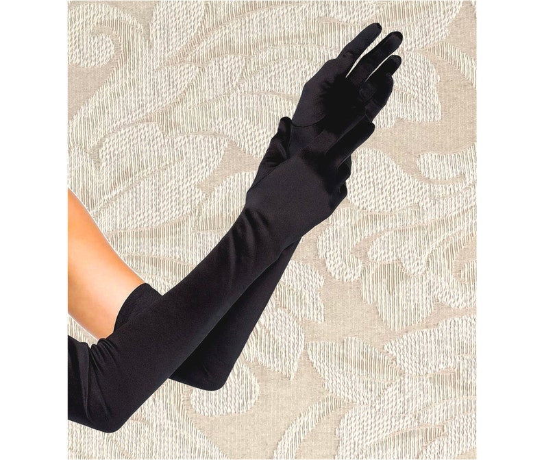 Extra Long Black 23-inch Top Quality Over The Elbow Stretch Satin Gloves Opera Length Bridal Wedding Halloween Costume Prom Cosplay Party image 1