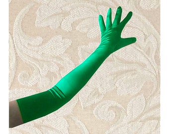 Extra lange grüne 23-Zoll-Top-Qualität über den Ellenbogen Stretch Satin Handschuhe Opernlänge Braut Hochzeit Halloween-Kostüm