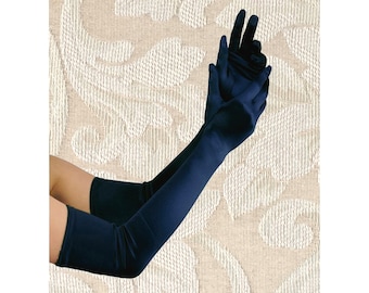 Extra Long Navy Blue 23-inch Top Quality Over The Elbow Stretch Satin Gloves Opera Length Bridal Wedding Halloween Costume