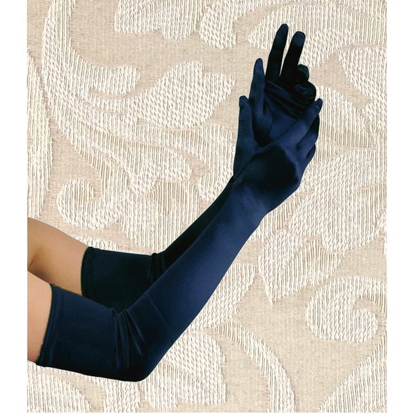 Extra longs bleu marine 23 pouces de qualité supérieure sur le coude gants en satin extensible longueur opéra mariée mariage Costume d'Halloween