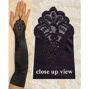 Black Fingerless Premium Quality 18-inch Beads & Lace Satin Gloves Stretch Elbow Length Bridal Wedding Halloween Costume