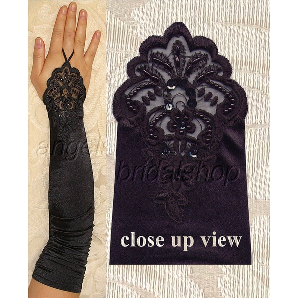 Top Quality 18-inch Black Fingerless Beads & Lace Satin Gloves Stretch Elbow Length Bridal Wedding Halloween Costume