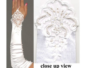 Top Quality 18-inch White Fingerless Beads & Lace Satin Gloves Stretch Elbow Length Bridal Wedding Halloween Costume