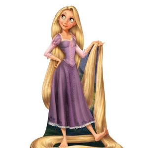 Könnte beinhalten: Illustration eines Zeichentrickcharakters mit langen blonden Haaren und einem lila Kleid. Die Figur lächelt und hält ihr Haar. Das Kleid hat ein Mieder im Korsettstil und einen langen Rock. Der Hintergrund ist eine Landschaft.