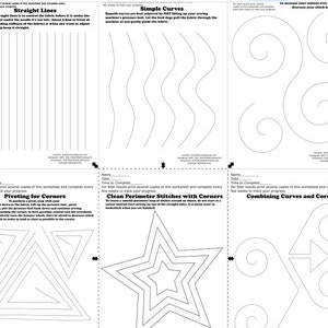 May include: Black and white printable worksheet with instructions for practicing sewing straight lines, simple curves, and combining curves and corners. The worksheet includes diagrams for each technique.