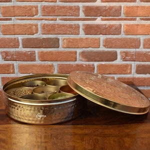 Brass Handcrafted Masala/Spice Box, Kitchen Storage Box 7 Containers Large/Small/Hammered/Plain image 7