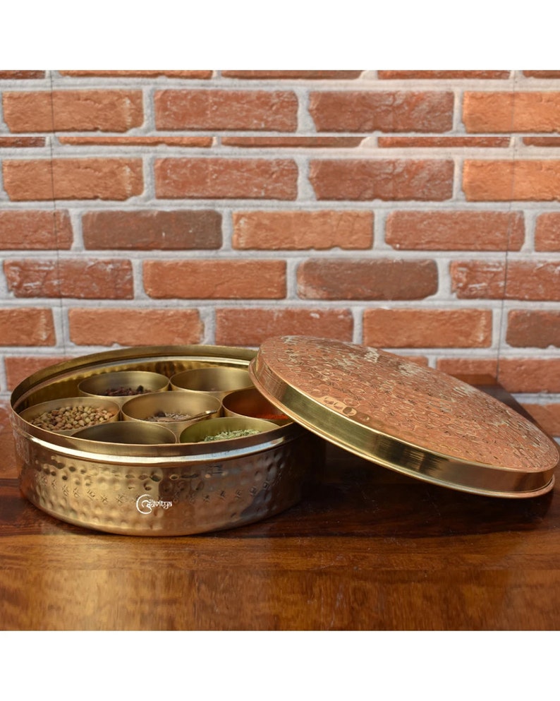 Brass Handcrafted Masala/Spice Box, Kitchen Storage Box 7 Containers Large/Small/Hammered/Plain image 7