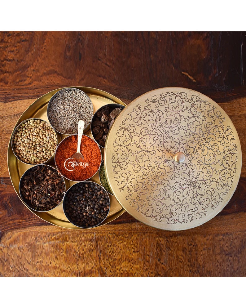 Brass Handcrafted Masala/Spice Box, Kitchen Storage Box 7 Containers Large/Small/Hammered/Plain Large - 8 Inches