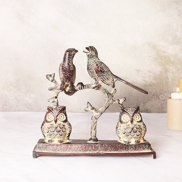 Antique Birds On Tree Sitting On Branch With Two Owls Vintage Brass Showpiece| Bird Sculpture Home Decor Gift| 8 Inch