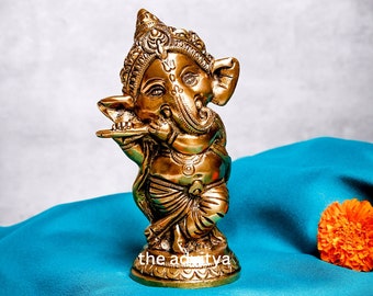 Brass Handcrafted Baby Flute Ganesha Idol, Bal Ganesha Statue, Ganapati Murti Height 5.5 Inch