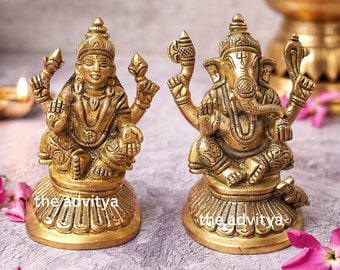 Brass Lakshmi Ganesha Statue, Brass God Idol Set, Ganesh Laxmi Murti for Puja Decor, Height 4 Inch