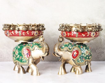 Brass Elephant Urli Bowl Pair with Stonework - Indian Decorative Showpiece for Home Office,Housewarming Gift |Height 7.5 Inch