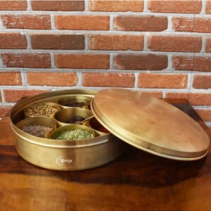 Brass Handcrafted Masala/Spice Box, Kitchen Storage Box 7 Containers Large/Small/Hammered/Plain image 9