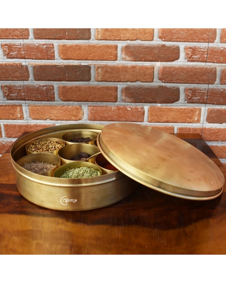 Brass Handcrafted Masala/Spice Box, Kitchen Storage Box 7 Containers Large/Small/Hammered/Plain image 9