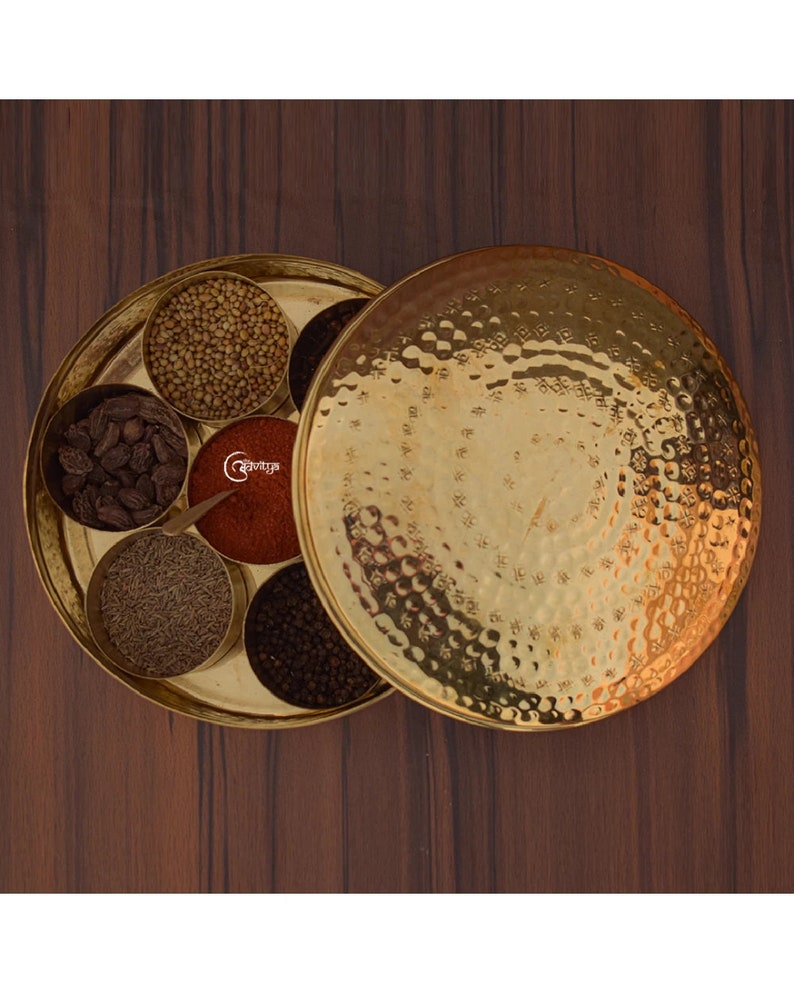 Brass Handcrafted Masala/Spice Box, Kitchen Storage Box 7 Containers Large/Small/Hammered/Plain Hammered - 9 Inches
