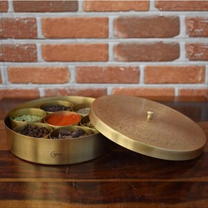 Brass Handcrafted Masala/Spice Box, Kitchen Storage Box 7 Containers Large/Small/Hammered/Plain image 4