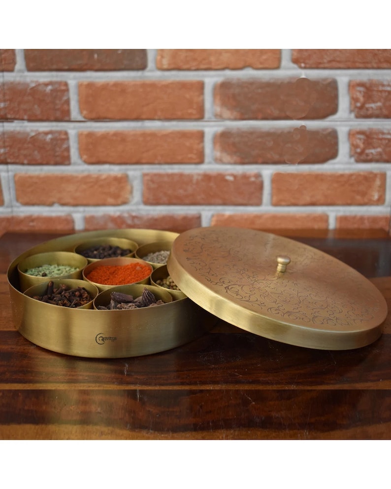 Brass Handcrafted Masala/Spice Box, Kitchen Storage Box 7 Containers Large/Small/Hammered/Plain Small - 7 Inches