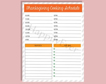 May include: A printable Thanksgiving cooking schedule with a gray and white striped background. The schedule includes times from 6 AM to 9 PM and sections for notes and to-do items.