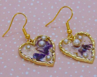 Heart Earrings, Valentines Jewellery, Romantic Gift, Galentines Jewelry, Love Heart Accessories, Gold Pearl Earring, Sweet Cutesy Present