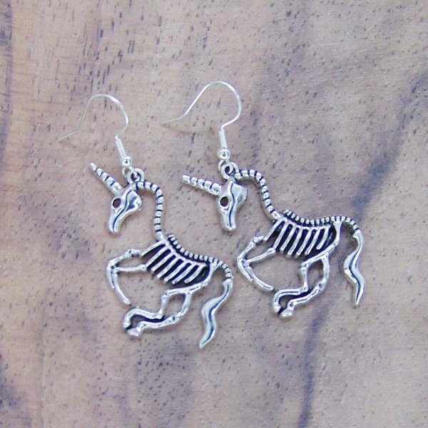 Skeleton Unicorn Earrings, Fantasy Jewellery, Spooky Jewelry, Gothic Earrings, Mythical Creature, Magical Jewellery, Undead Skeletal Gift