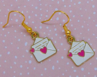 Love Letter Earrings, Valentines Jewellery, Romantic Gift, Pen Pal Accessories, Heart Earrings, Cutesy Jewelry, Anniversary Present, Quirky