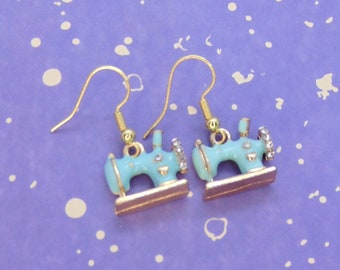 Blue Sewing Machine Earrings, Seamstress Gift, Quilting Jewellery, Artisanal Jewelry, Textile Artist, Novelty Crafty Jewellery, Fabric Lover