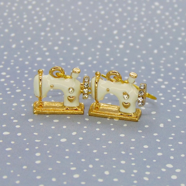 Sewing Machine Earrings White, Sewing Jewellery, Seamstress Gift, Sewing Gift, Dressmaker Jewelry, Crafter Gift, Novelty Dangle Earrings