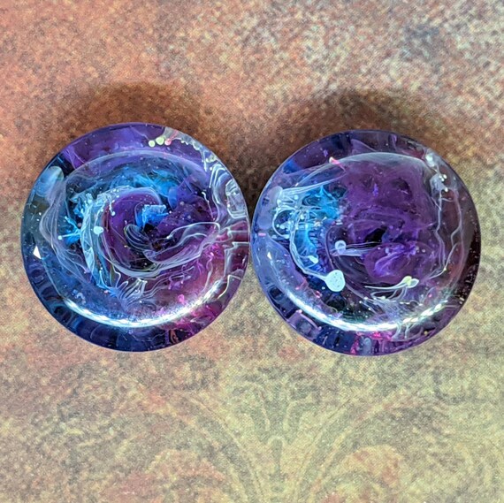 7//8 Pink//Blue Pair of Glass Single Flared Two Color Foil Galaxy Plugs