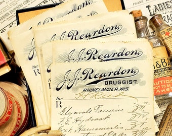 Recetas antiguas de farmacia J.J. Reardon de 1905, procedentes de Rhinelander, Wisconsin. Artículos de colección antiguos y de farmacia.