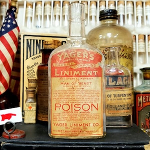 Antique 1900s Poison Yager&#39;s Creamy Compound Liniment Prescription Glass Bottle